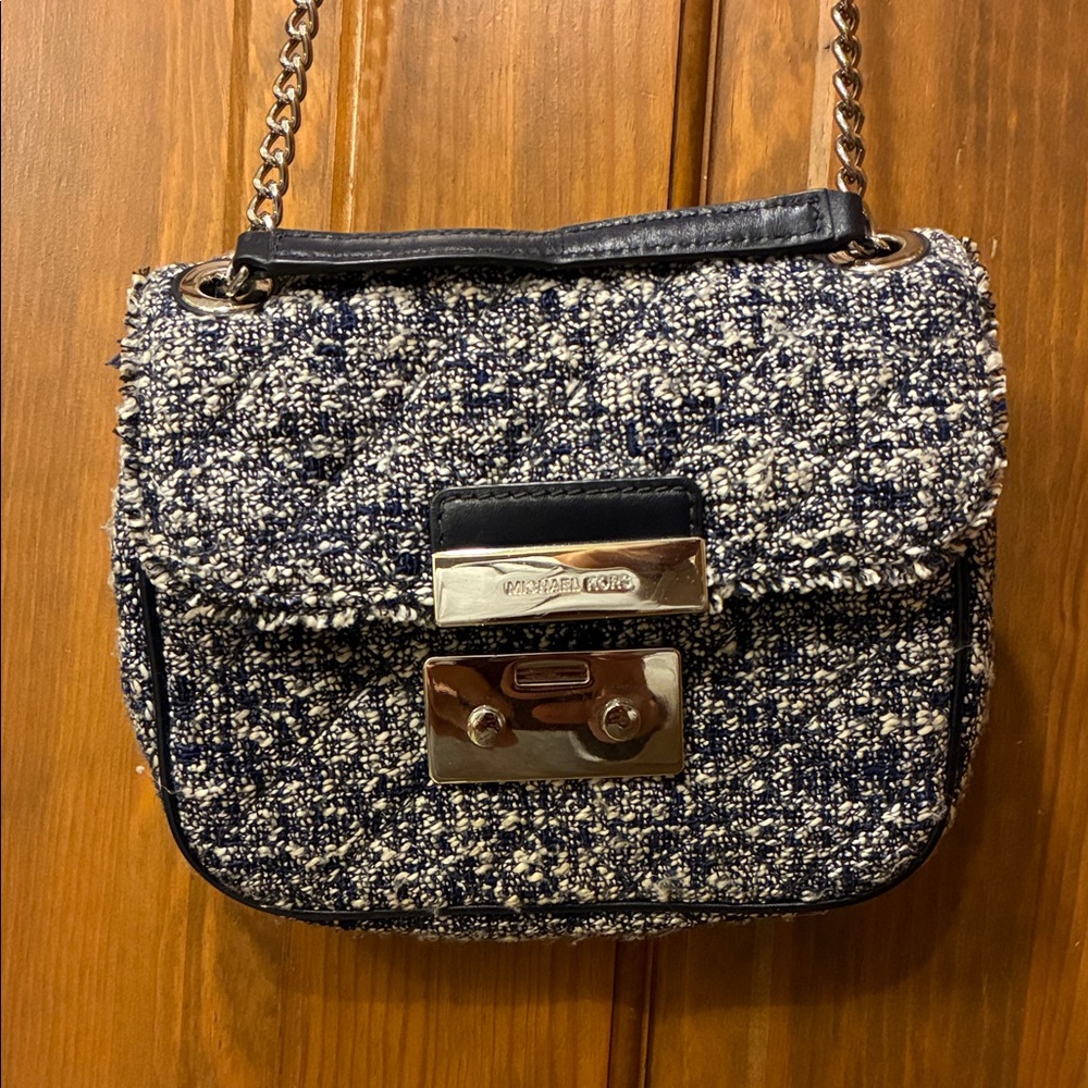 💗Michael Kors Blue White Tweed Shoulder Bag chain strap
